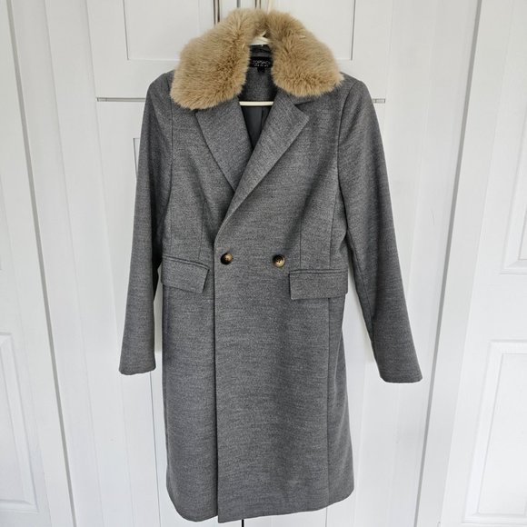Topshop Grey Double Breasted Nancy Coat w/ Removable Faux Fur Collar 6 Like New - Picture 3 of 16